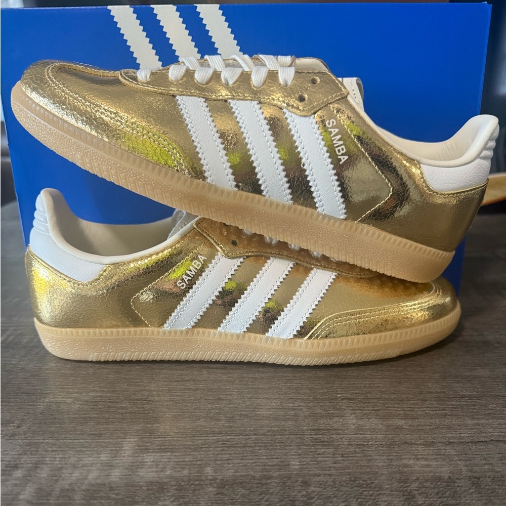 adidas Samba Metallic Gold and White Sneakers